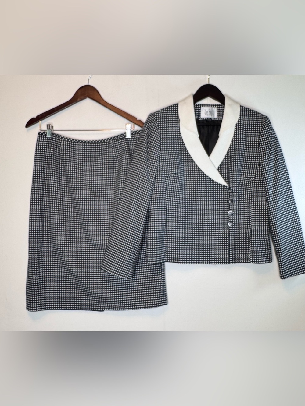 Le Suit Petite‎ 2-piece skirt suit navy blue with white polka dots sz 12P **READ